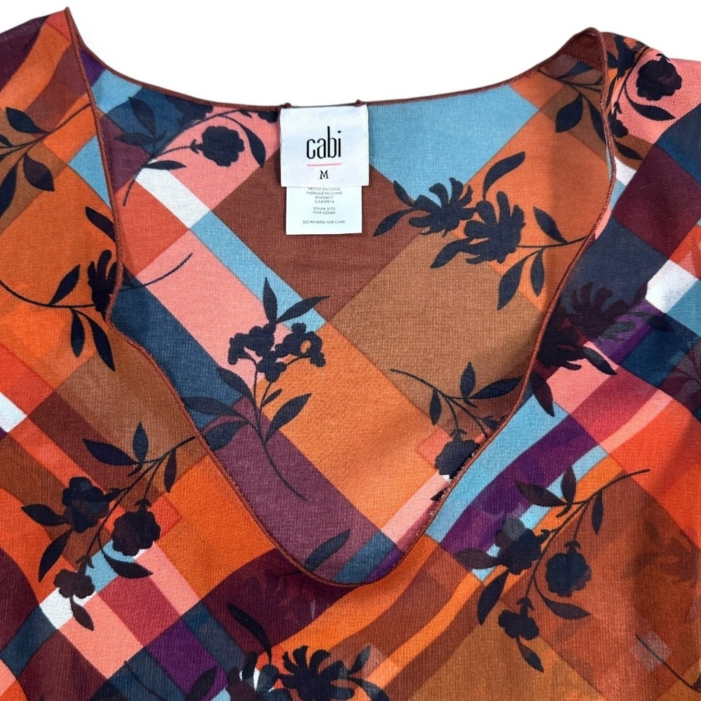 Cabi Womens Sheer Tunic Lattice Chiffon Zadie Plaid Floral Blouse Top M